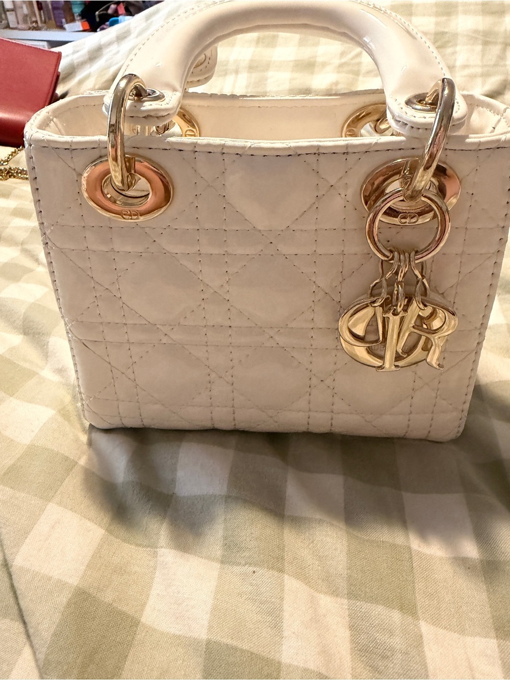 Designer inspired White Quilted Mini Tote Bag with Gold Hardware - Picture 3 of 11